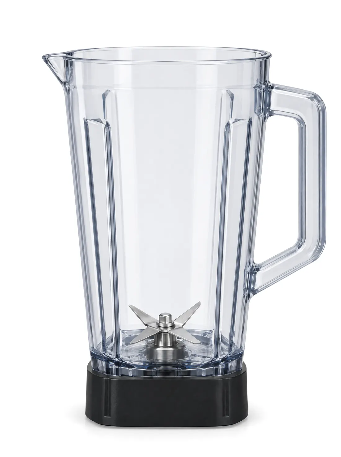 An empty clear blender jug